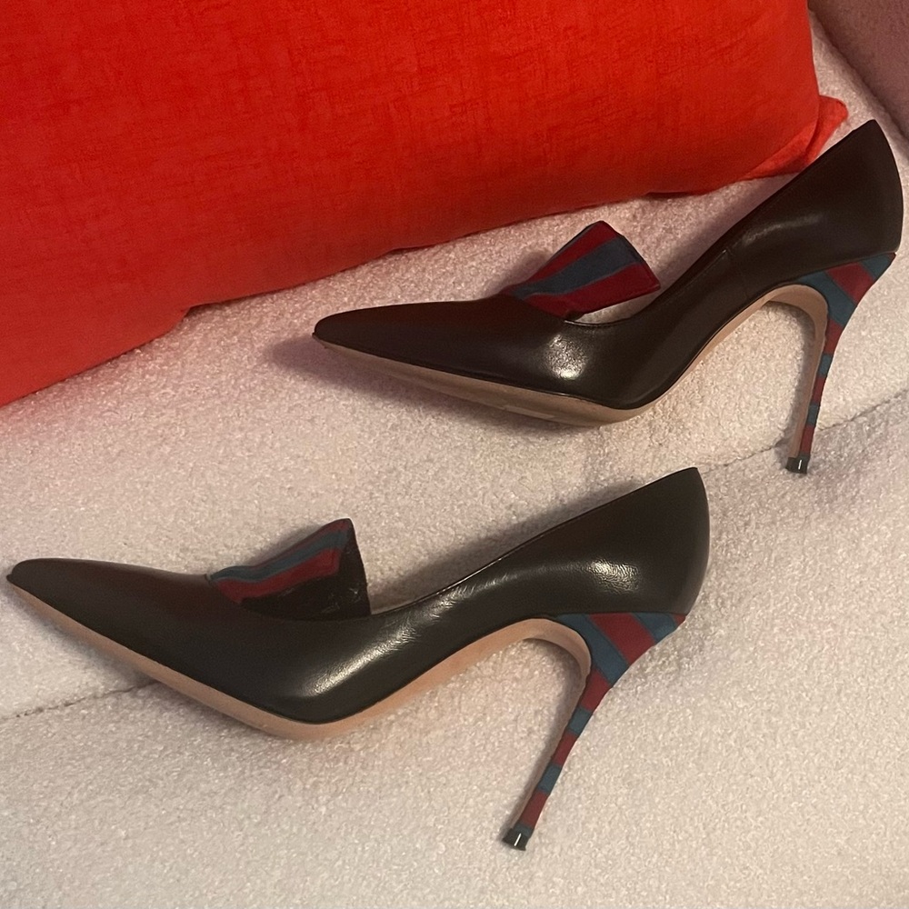 Manolo Blahnik Black Heels with Red and Blue Stripes - Picture 7 of 15